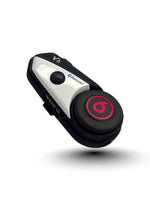 Black and silver Bluetooth headset with a red logo on a white background