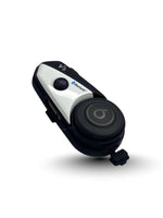 Black and silver Bluetooth communication device on a white background