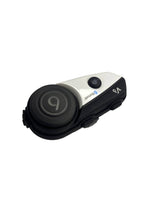 Black and white Bluetooth headset on a white background