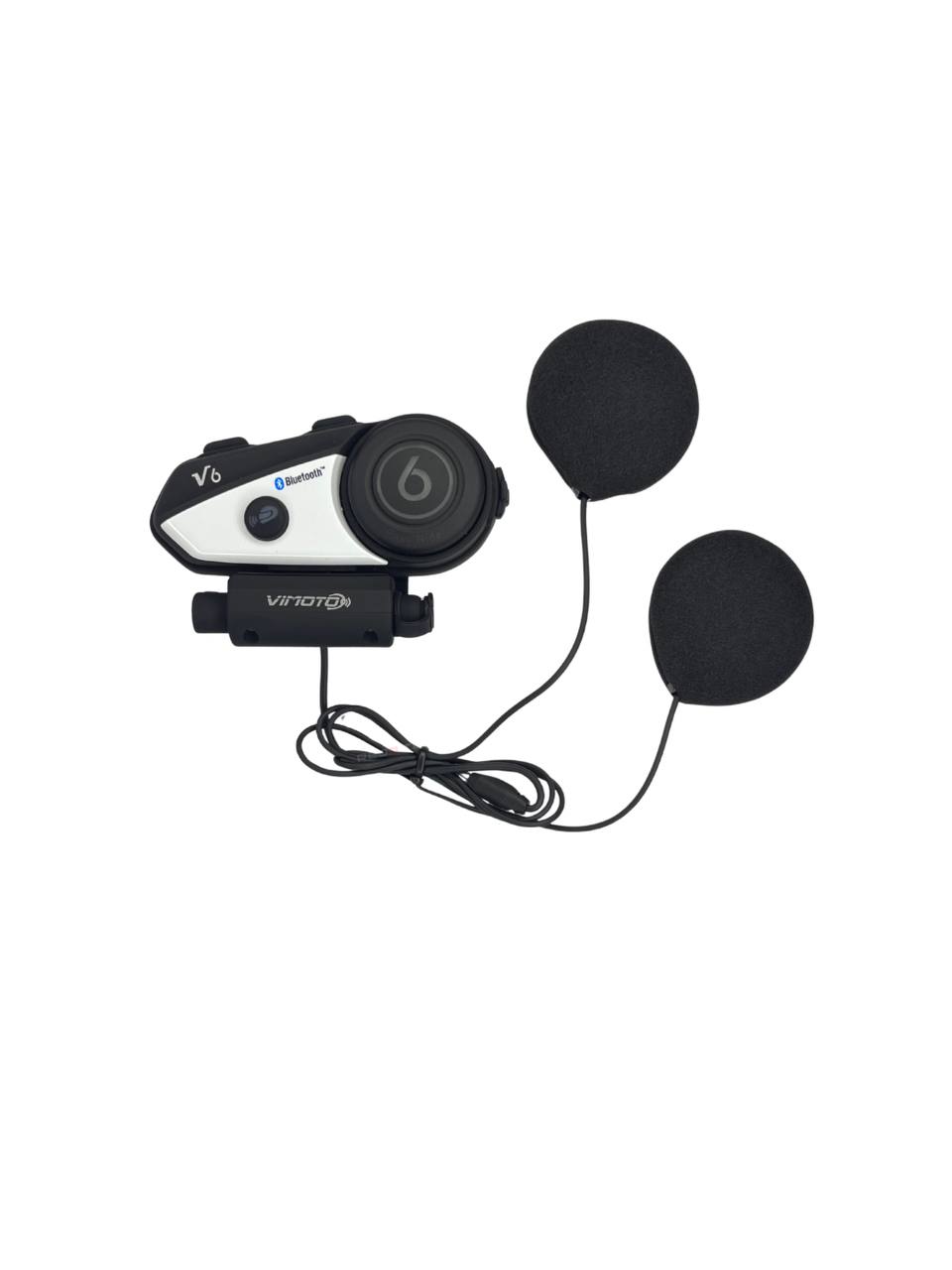 Motorcycle helmet intercom with two earpieces on a white background
