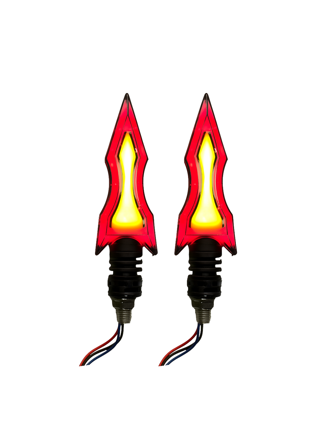 Two red and yellow motorcycle turn signals on a white background