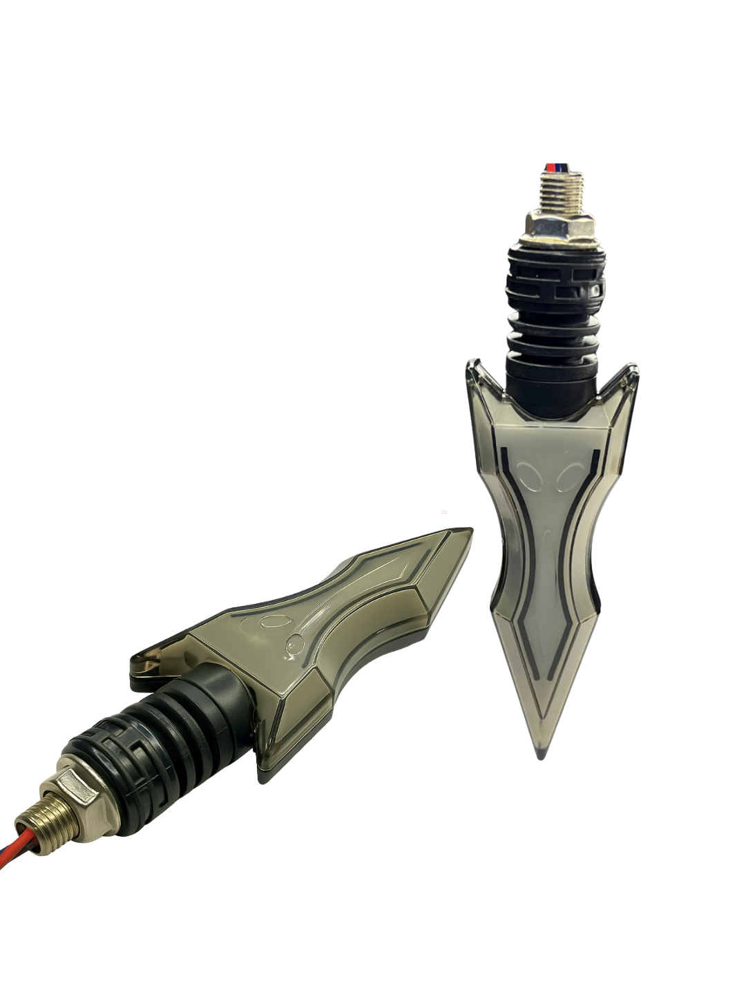 Two metallic arrowheads on a white background