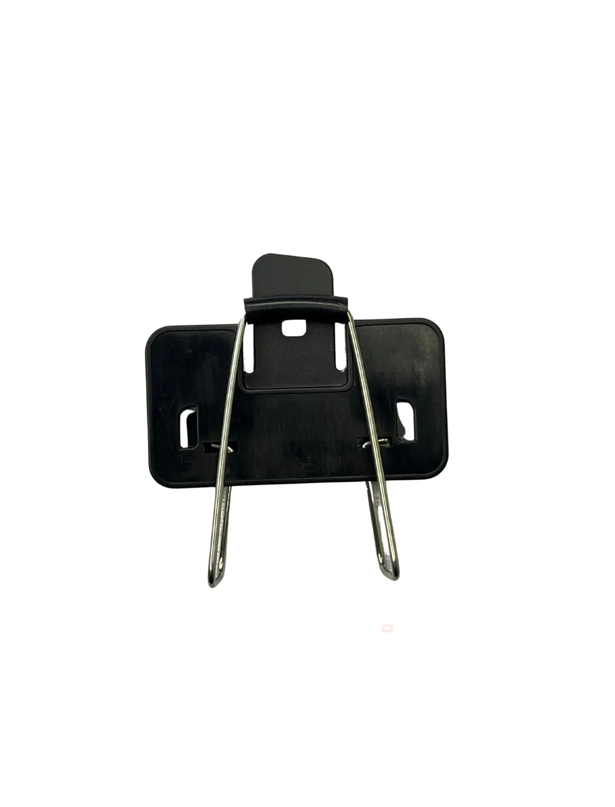 Black metal bracket with two legs on a white background