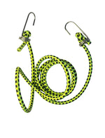 Green and black checkered rope with metal hooks on a white background