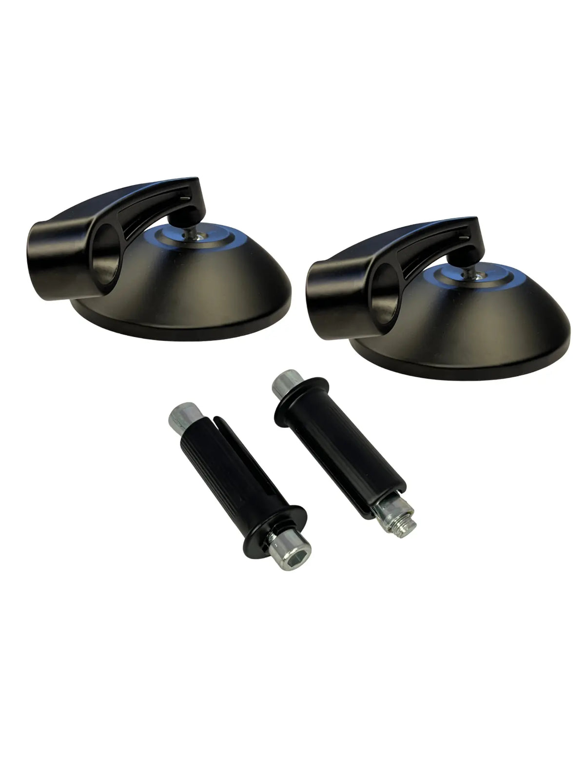 Set of black suction cup hooks with additional components on a white background
