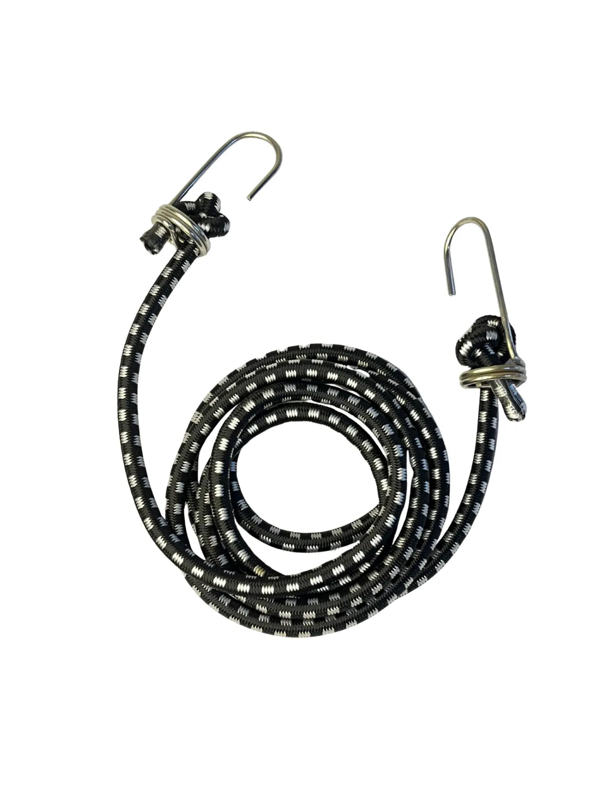 Coiled bungee cord with metal hooks on a white background