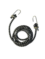Coiled bungee cord with metal hooks on a white background